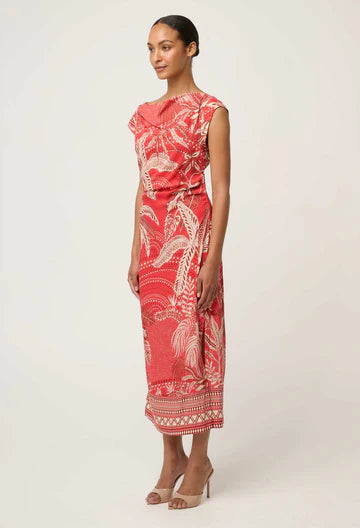 Oncewas II MONIQUE PETITE Draped Neck Printed Dress - Crimson Palms