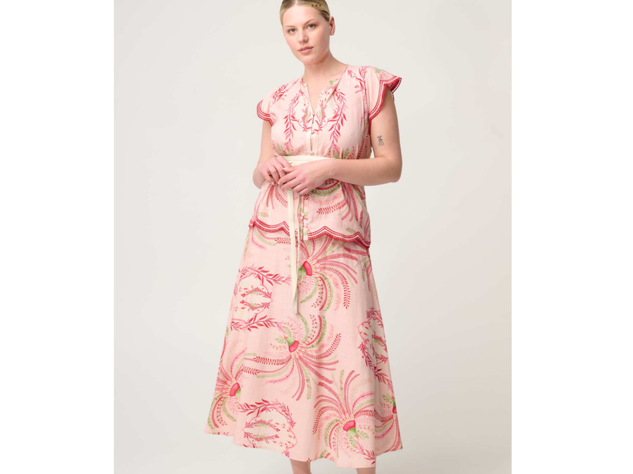 OnceWas II ESTRELLA Linen Viscose Stitch Detail Yoke Skirt - Palmarosa