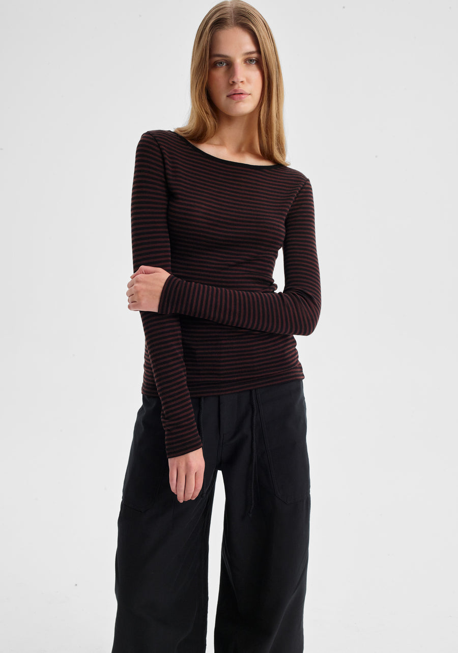 Morrison II MORRI merino stripe round neck - espresso/black