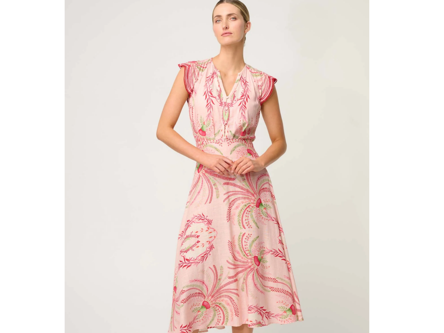 OnceWas II ASEEL Linen Viscose Flutter Sleeve Scallop Embroidered Top - Palmarosa