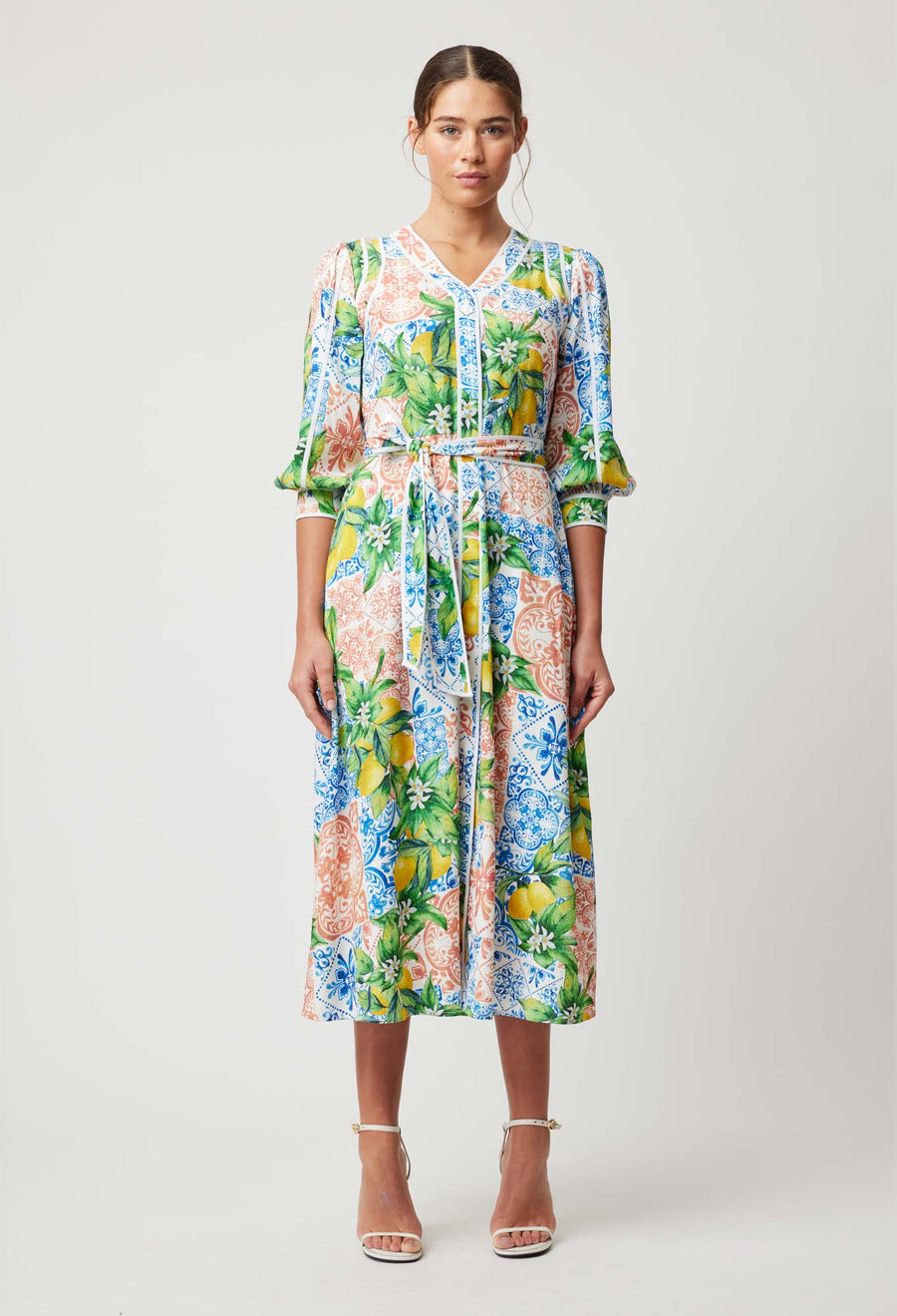 OnceWas II LAGUNA V Neck Coat Dress - Limonata Print