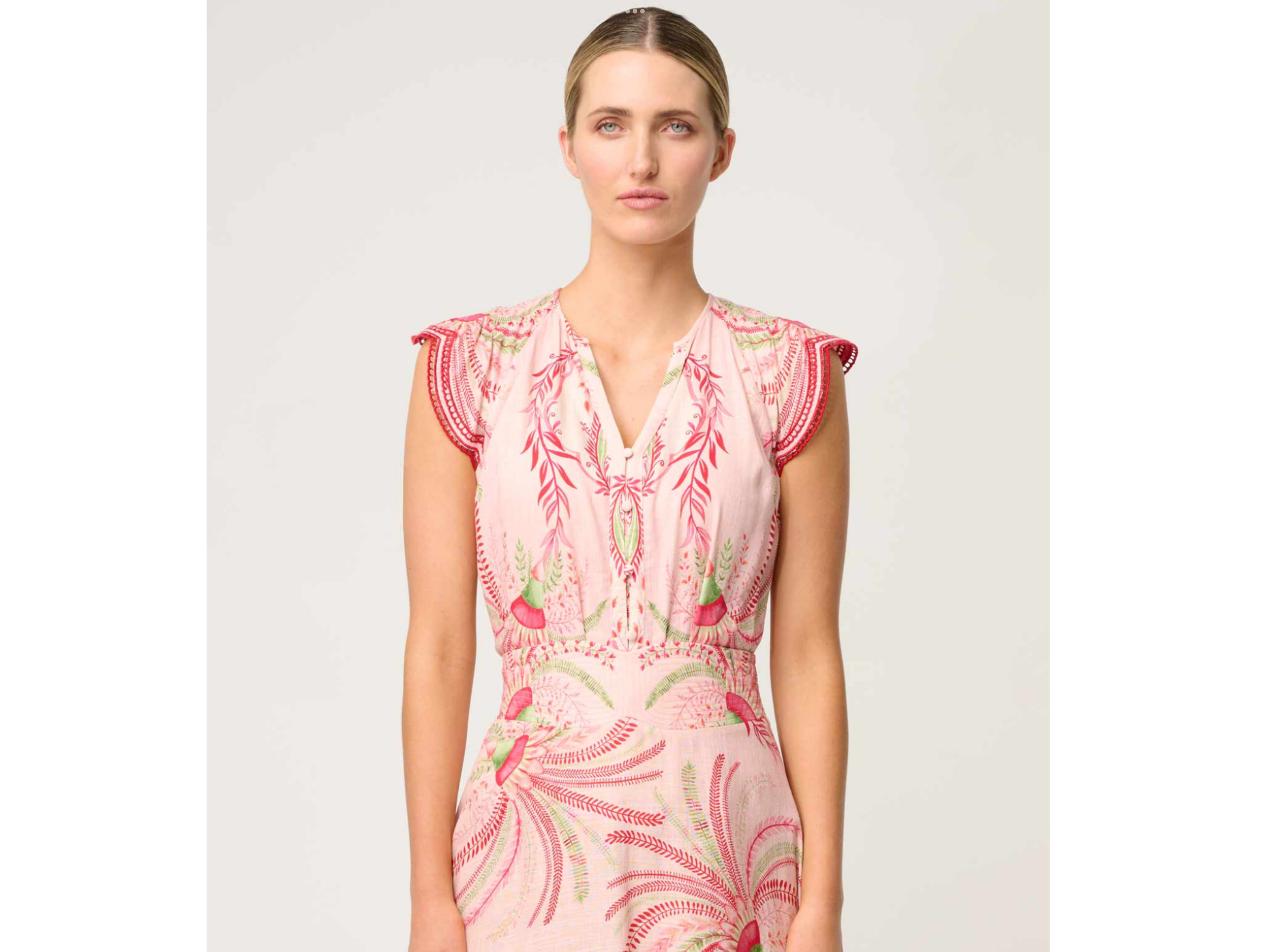 OnceWas II ASEEL Linen Viscose Flutter Sleeve Scallop Embroidered Top - Palmarosa