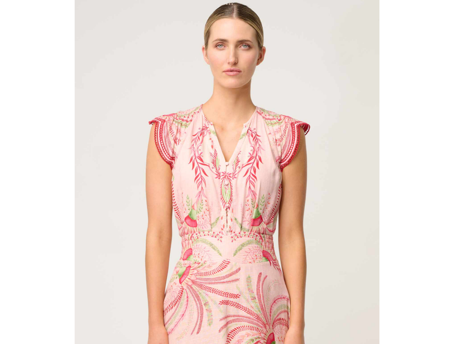 OnceWas II ASEEL Linen Viscose Flutter Sleeve Scallop Embroidered Top - Palmarosa