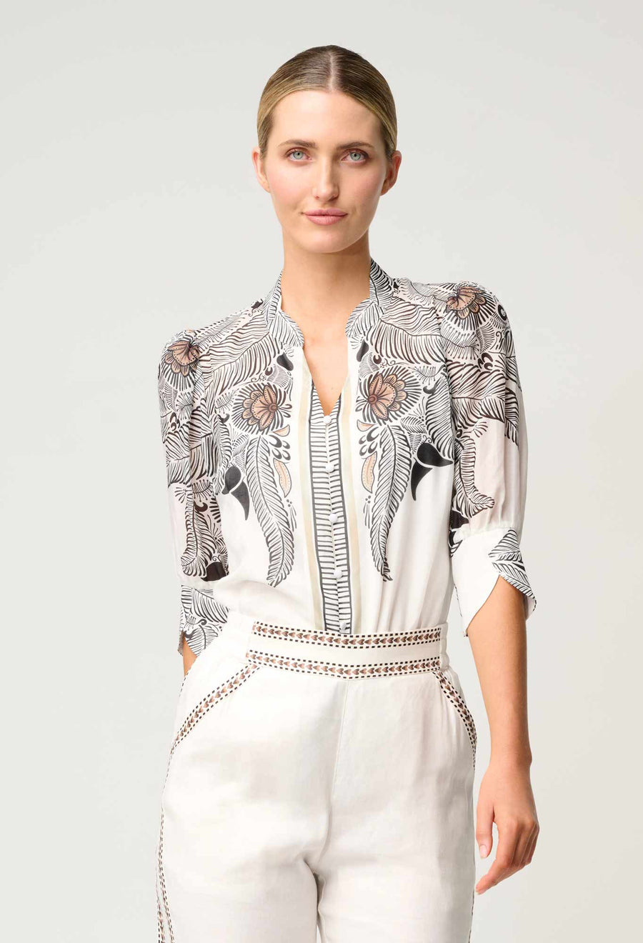 Oncewas II LELIA Silk Cotton Placement Print Collar Shirt - ivory Casablanca print