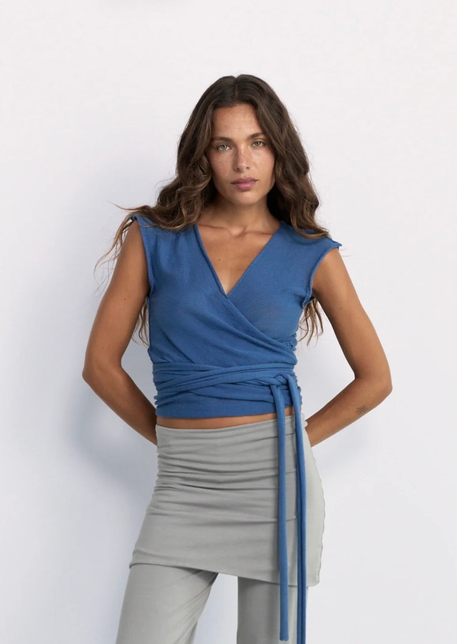 Pinky & Kamal II Merino Wool Knit Wrap - mid blue