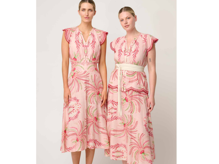 OnceWas II ASEEL Linen Viscose Flutter Sleeve Scallop Embroidered Top - Palmarosa