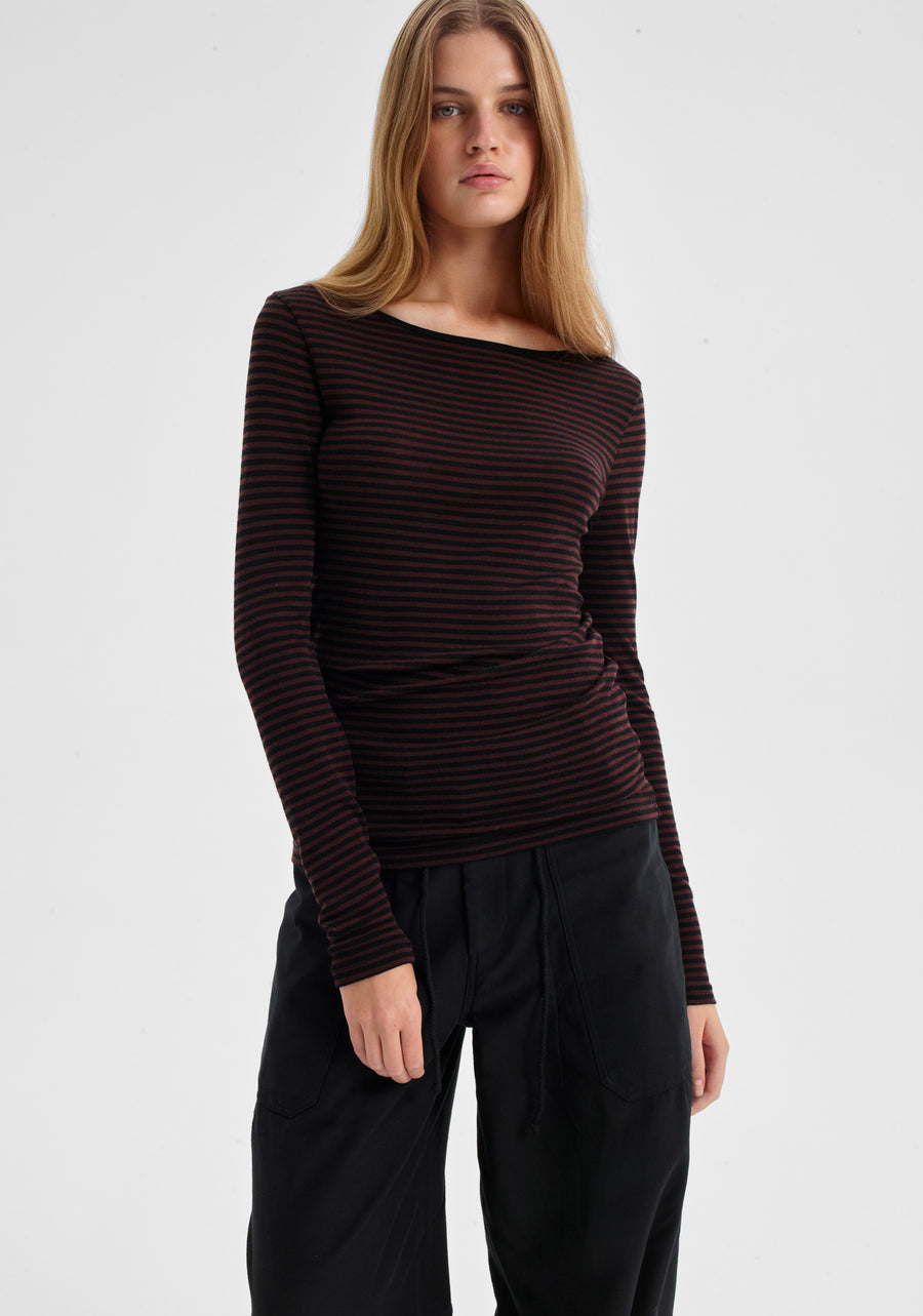 Morrison II MORRI merino stripe round neck - espresso/black