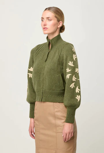 Oncewas II. CAMELA Placement Embroidered Knitted Bomber Jacket - olive