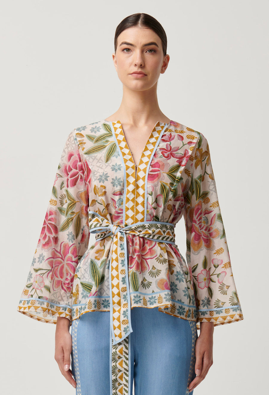 Oncewas II EMERY COTTON SILK Kaftan Tie Top - placement print