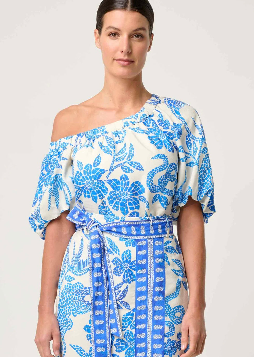 OnceWas II JUNO Dobby One Shoulder Top - azure mosaic