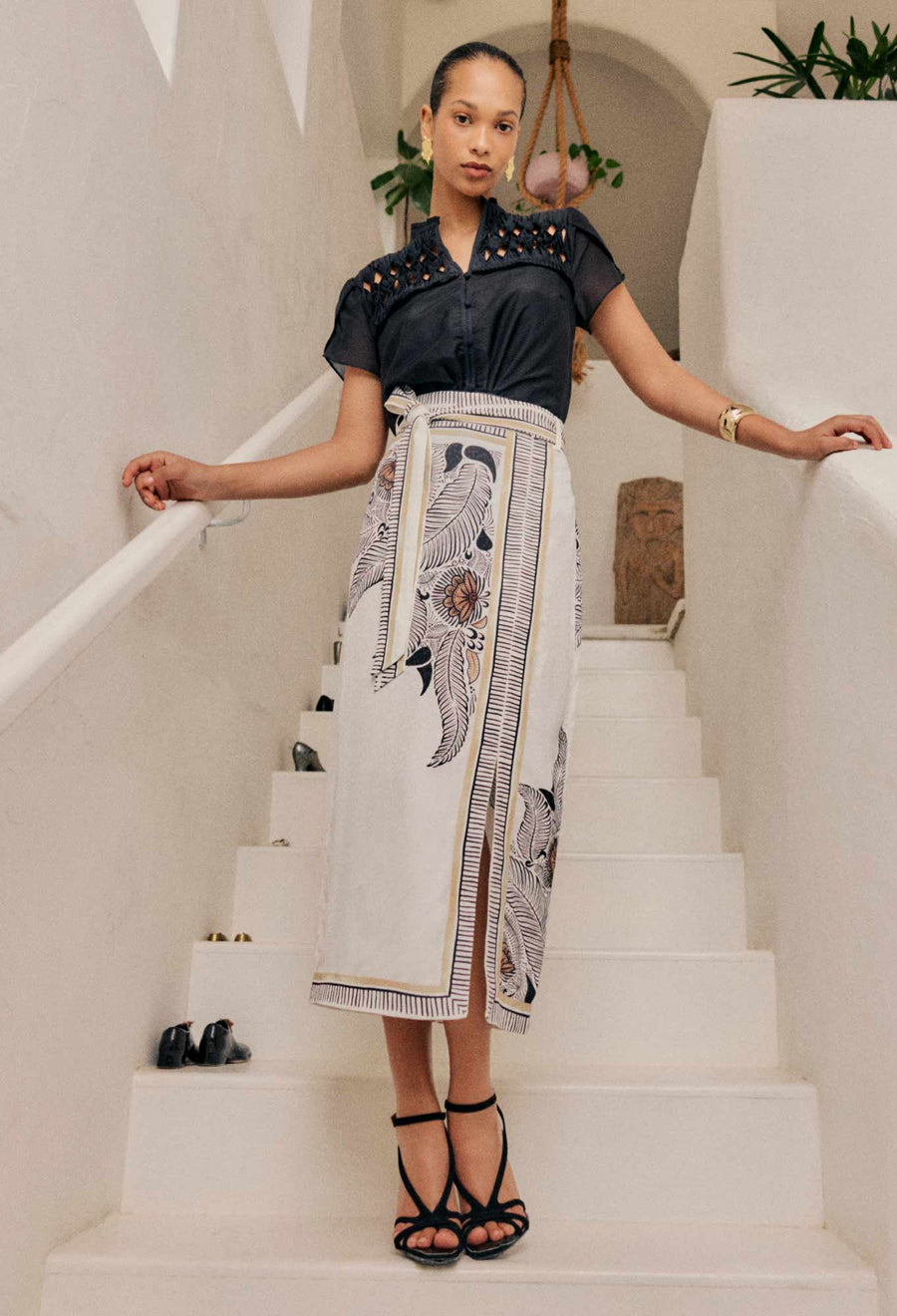 Oncewas II ZENOBIA Contrast Trim Viscose Dobby Midi Skirt - Ivory Casablanca