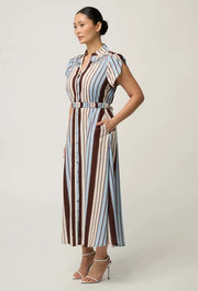 OnceWas PETITE CATTLEYA Linen Mix Smock Detail Maxi Dress - iridescent stripe