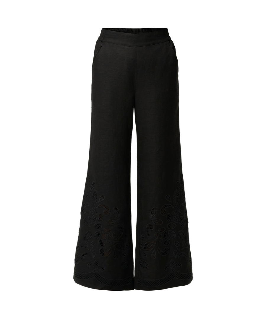 OnceWas II RHEA Linen Viscose Embroidered Pant - Black