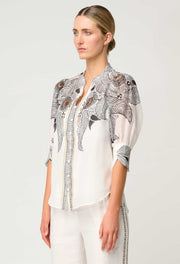 Oncewas II LELIA Silk Cotton Placement Print Collar Shirt - ivory Casablanca print