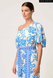 OnceWas II JUNO Dobby One Shoulder Top - azure mosaic