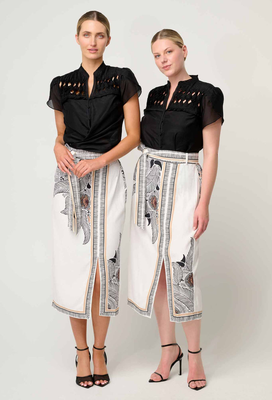 Oncewas II ZENOBIA Contrast Trim Viscose Dobby Midi Skirt - Ivory Casablanca