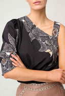 Tahani One Sleeve Faille Top - Onyx Casablanca Print