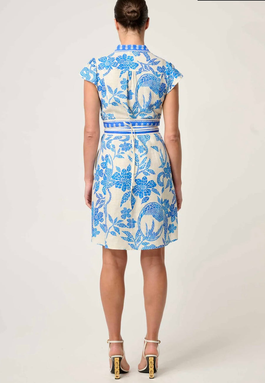 OnceWas II ADRIANA linen mix contrast Dress - azure mosaic
