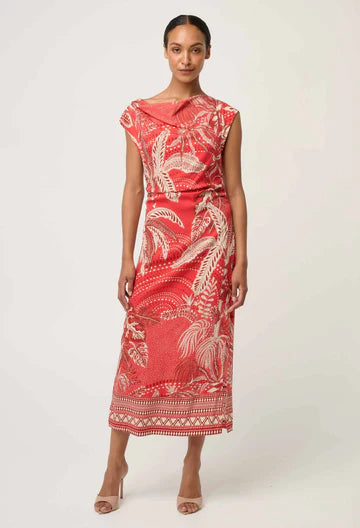 Oncewas II MONIQUE PETITE Draped Neck Printed Dress - Crimson Palms