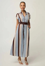 OnceWas PETITE CATTLEYA Linen Mix Smock Detail Maxi Dress - iridescent stripe