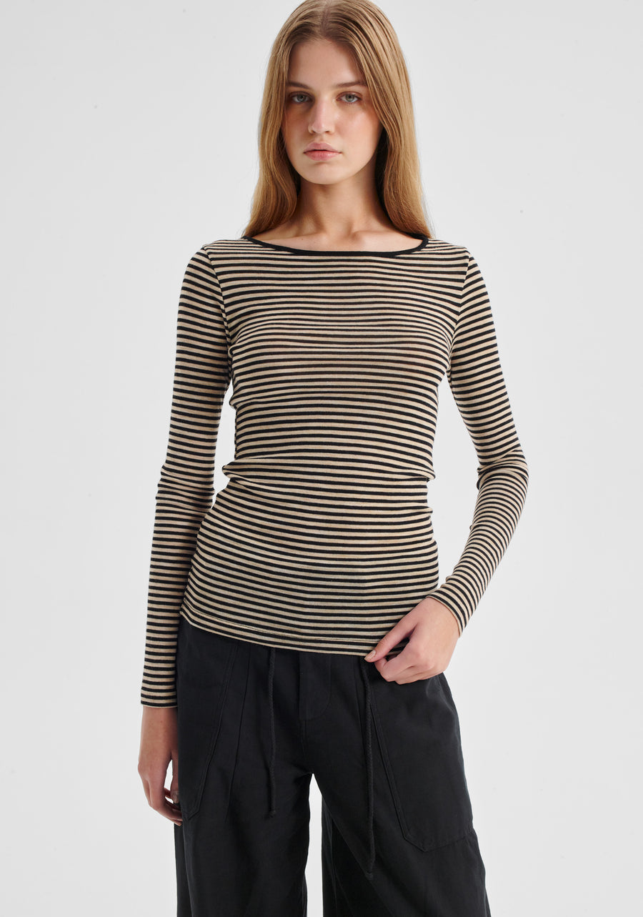 Morrison II MORRI Merino Stripe Round Neck - birch/black