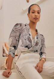 Oncewas II LELIA Silk Cotton Placement Print Collar Shirt - ivory Casablanca print