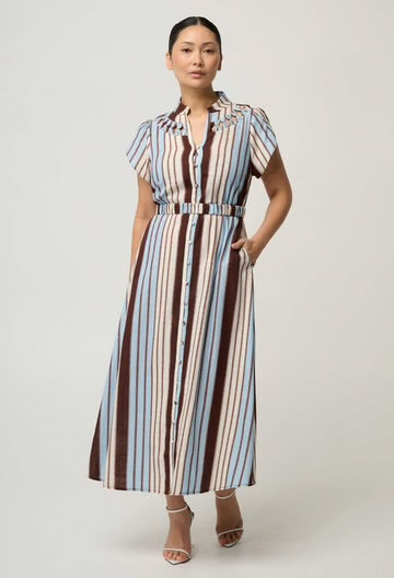 OnceWas PETITE CATTLEYA Linen Mix Smock Detail Maxi Dress - iridescent stripe