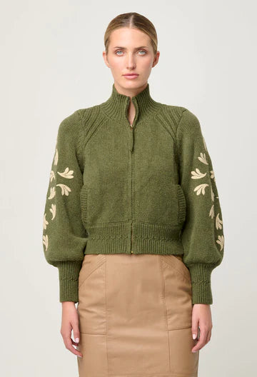 Oncewas II. CAMELA Placement Embroidered Knitted Bomber Jacket - olive