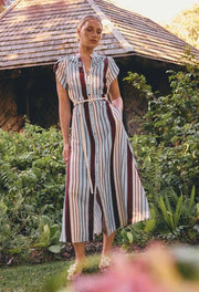 OnceWas PETITE CATTLEYA Linen Mix Smock Detail Maxi Dress - iridescent stripe