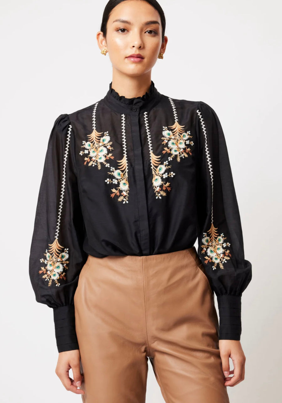 OnceWas II Florence cotton silk embroidered shirt - Black