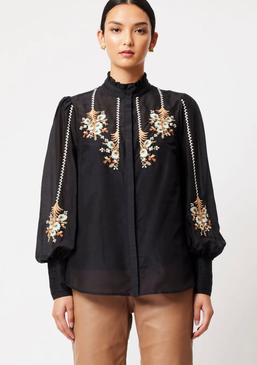 OnceWas II Florence cotton silk embroidered shirt - Black