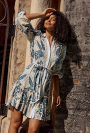 OnceWas II GRANADA Contrast Trim Shirt Dress - Del Sol Azure