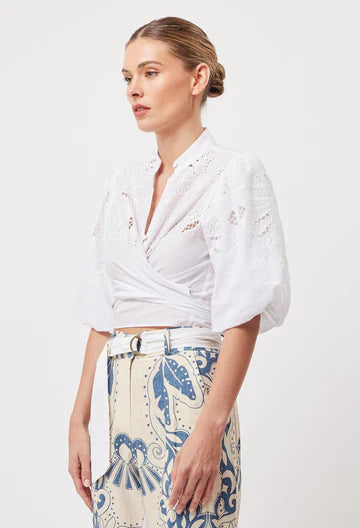 OnceWas II FLORES Cut Out Embroidered Puff Sleeve Shirt - white