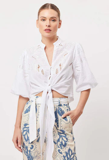 OnceWas II FLORES Cut Out Embroidered Puff Sleeve Shirt - white