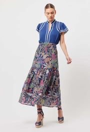 Oncewas II ANTIGUA Silk Mix Shirred Waist Skirt - Fiesta Tropico print