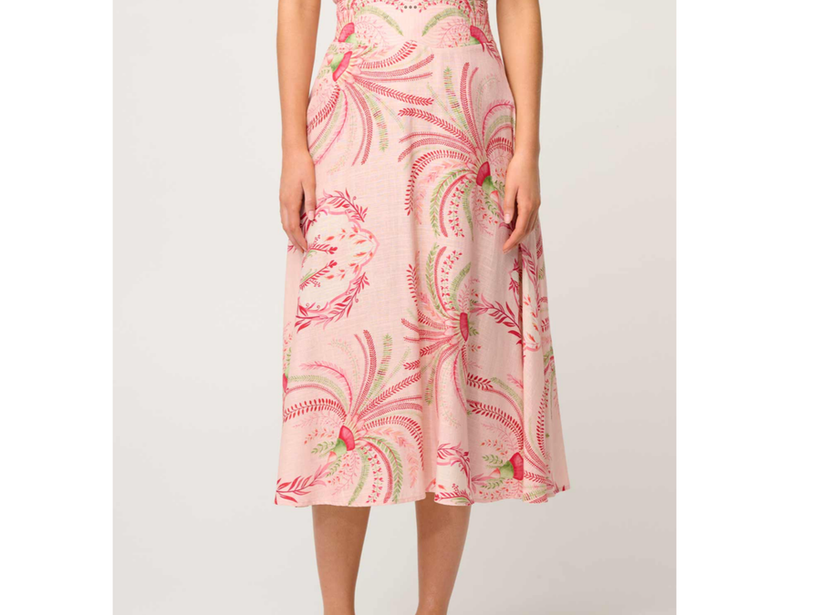 OnceWas II ESTRELLA Linen Viscose Stitch Detail Yoke Skirt - Palmarosa