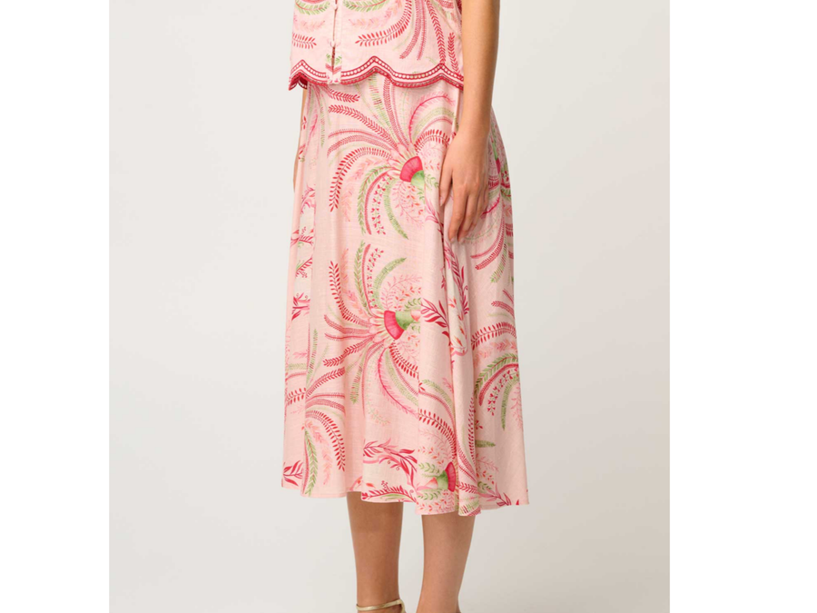 OnceWas II ESTRELLA Linen Viscose Stitch Detail Yoke Skirt - Palmarosa
