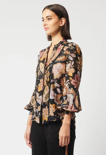 Oncewas II EMPRESS SILK Shirred Cuff Shirt - Dragon Flower Print