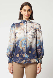 Oncewas II DYNASTY Cotton Silk Shirred Cuff Shirt - lotus flower