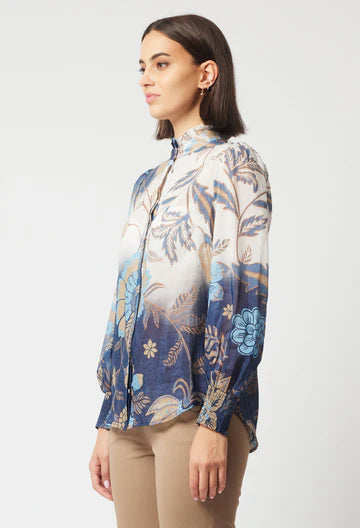 Oncewas II DYNASTY Cotton Silk Shirred Cuff Shirt - lotus flower