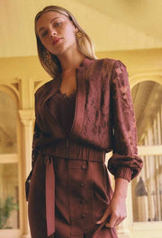 OnceWas II SOLENE Cotton Blend Placement Lace Bomber - rosewood