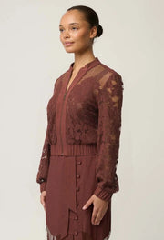 OnceWas II SOLENE Cotton Blend Placement Lace Bomber - rosewood