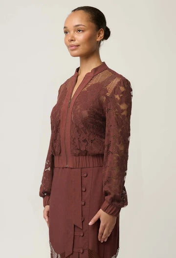 OnceWas II SOLENE Cotton Blend Placement Lace Bomber - rosewood