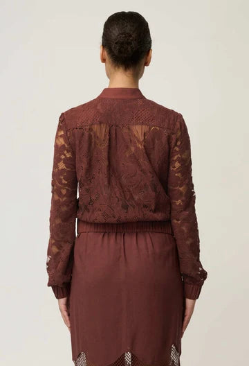 OnceWas II SOLENE Cotton Blend Placement Lace Bomber - rosewood