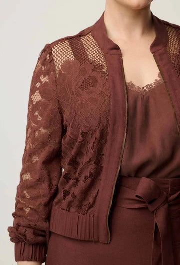 OnceWas II SOLENE Cotton Blend Placement Lace Bomber - rosewood