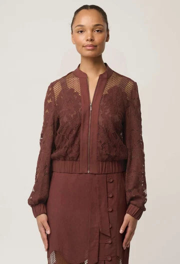 OnceWas II SOLENE Cotton Blend Placement Lace Bomber - rosewood